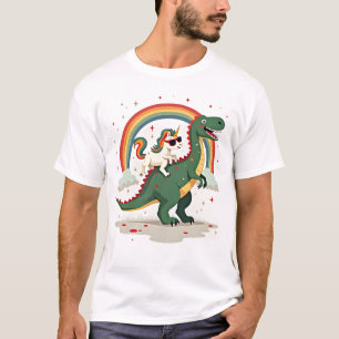 Rainbow Unicorn Riding T rex - Dinosaur Boys Girls T-Shirt