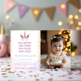 Rainbow Unicorn Royal Sparkle Birthday Photo Invitation