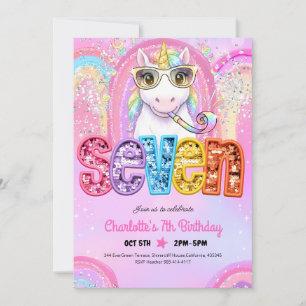 Rainbow Unicorn Sequin Glitter 7th Birthday Invitation