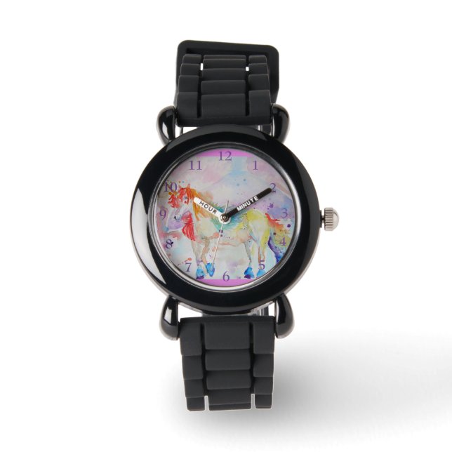 Rainbow Unicorn Silver Glitter Girls Name Watch (Front)