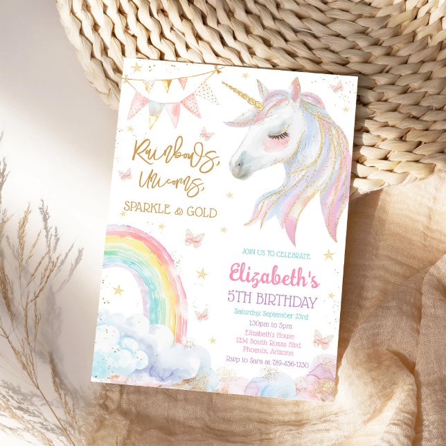Rainbow Unicorn Sparkle & Gold Birthday Invitation (Creator Uploaded)