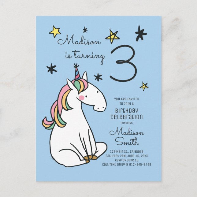 Rainbow Unicorn Stars Birthday Invitation Postcard (Front)