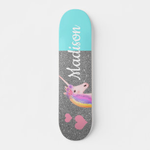 Rainbow Unicorn Teal Silver Glitter Personalised Skateboard