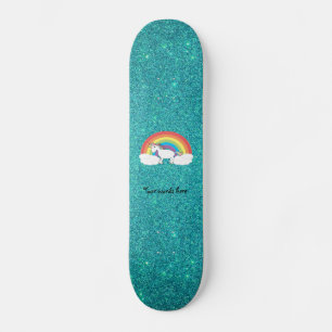 Rainbow unicorn turquoise glitter skateboard
