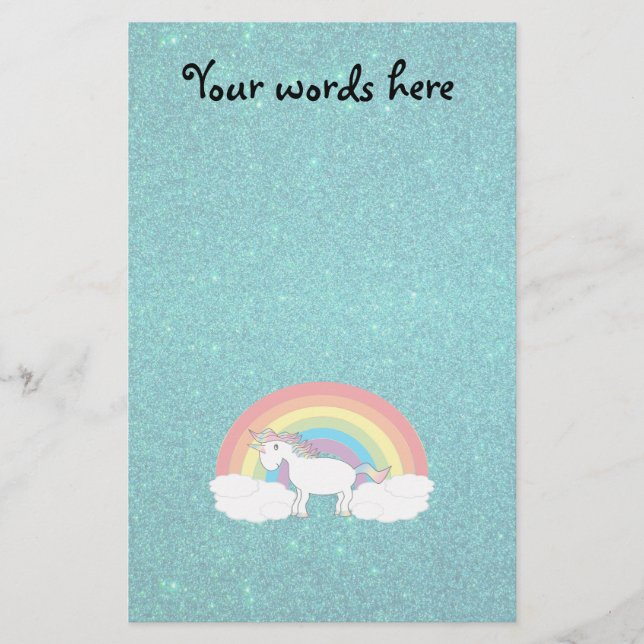 Rainbow unicorn turquoise glitter stationery (Front)