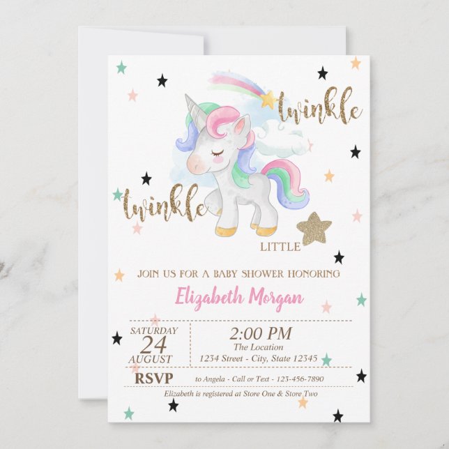 Rainbow Unicorn,Twinkle Little Star Baby Shower Invitation (Front)