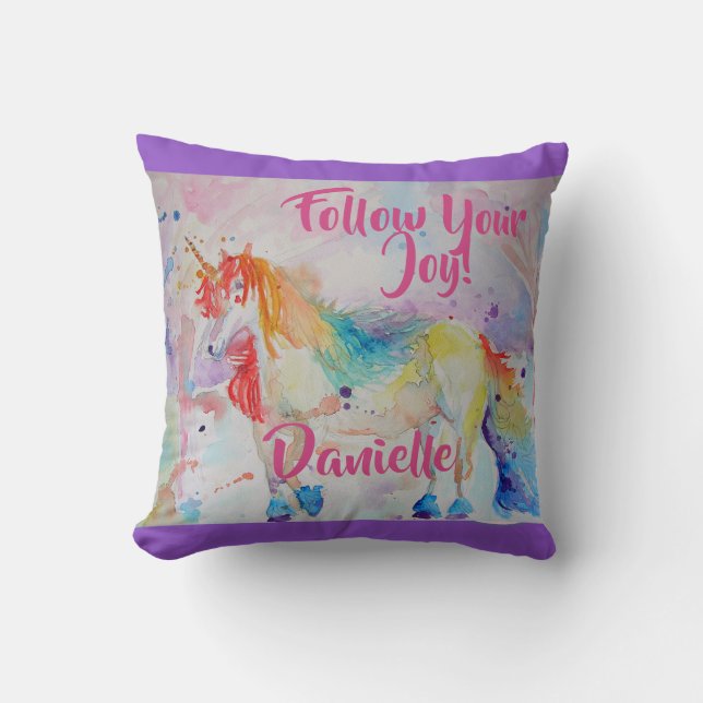 Rainbow Unicorn Watercolor Childs Name Cushion (Front)