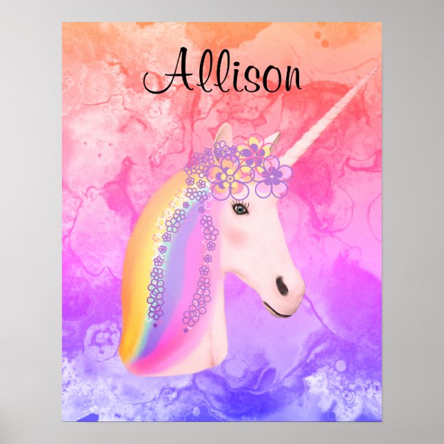 Rainbow Unicorn Watercolor Girls Personalized Poster (Front)