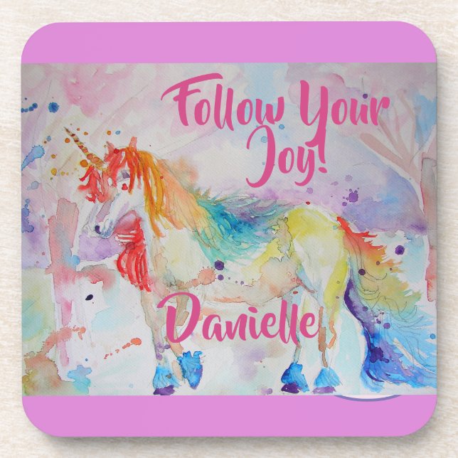 Rainbow Unicorn Watercolor Pink Name Coasters (Front)