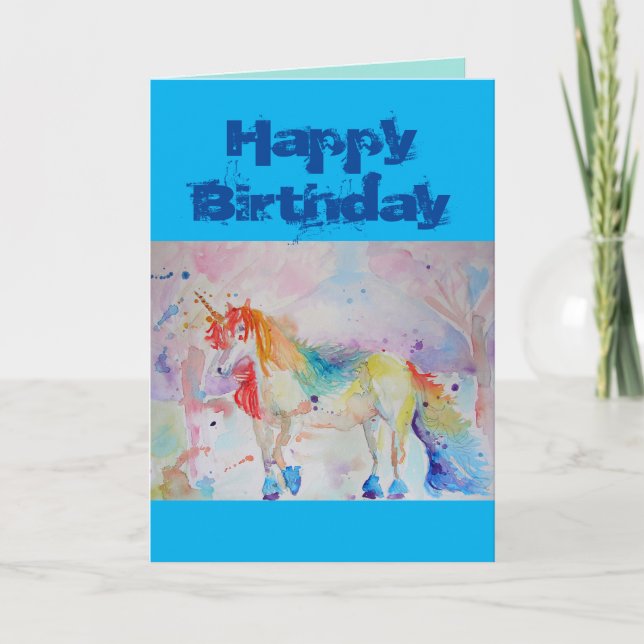 Rainbow Unicorn Watercolor Whimsical Card (Front)