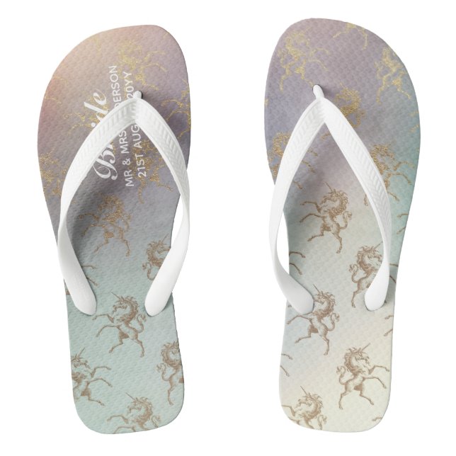 Rainbow Unicorn Wedding Flipflops BRIDE Gold (Footbed)