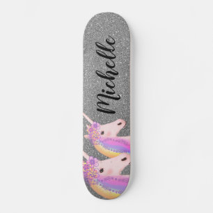 Rainbow Unicorns Girly Silver Glitter Personalised Skateboard
