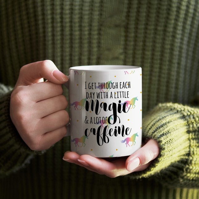 Rainbow Unicorns & Gold Stars Pattern Coffee Mug (I get through the day with a little magic and a lot of caffeine Rainbow Unicorn Mug)