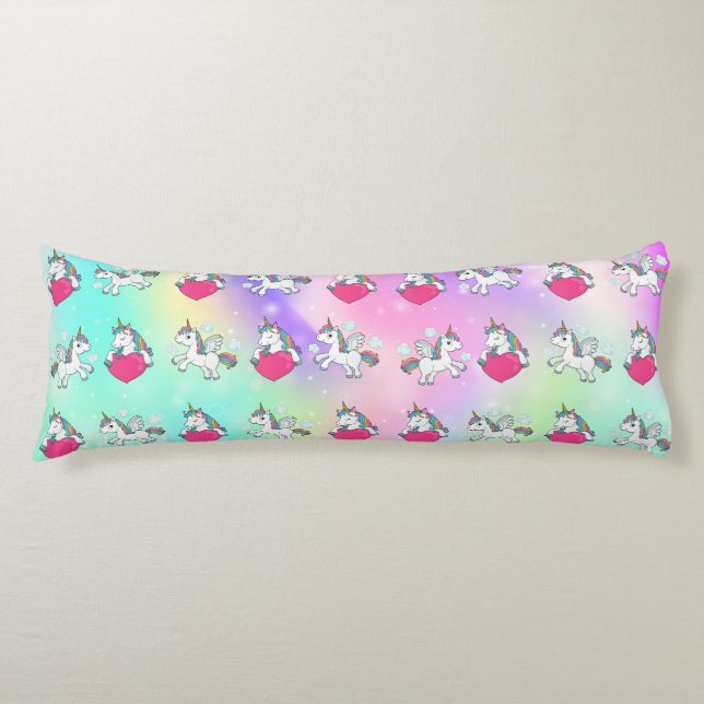 Rainbow Unicorns Hearts Print Body Pillow (Front)
