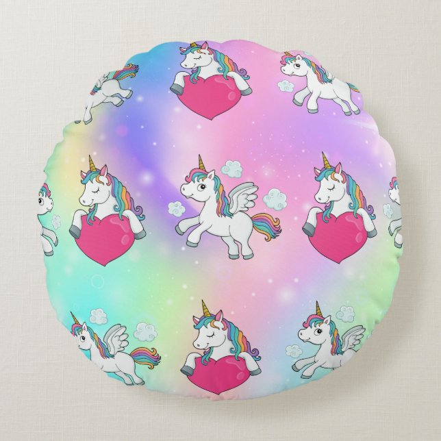 Rainbow Unicorns Hearts Print Round Pillow (Front)