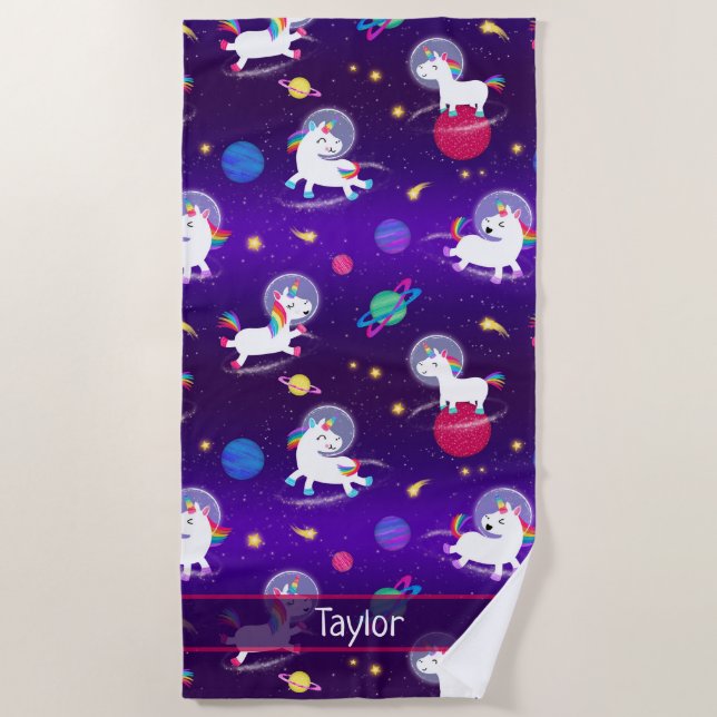 Rainbow Unicorns In Space Purple Ombre Beach Towel (Front)