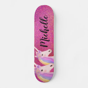 Rainbow Unicorns Pink Glitter Sparkle Personalised Skateboard