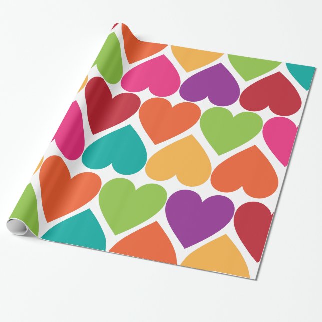 Rainbow Valentine Hearts Gift Wrap Paper (Unrolled)