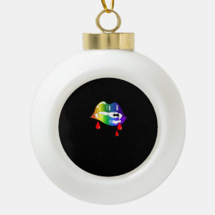 Rainbow Vampire Lips Biting - LGBT Pride T-Shirt Ceramic Ball Christmas Ornament