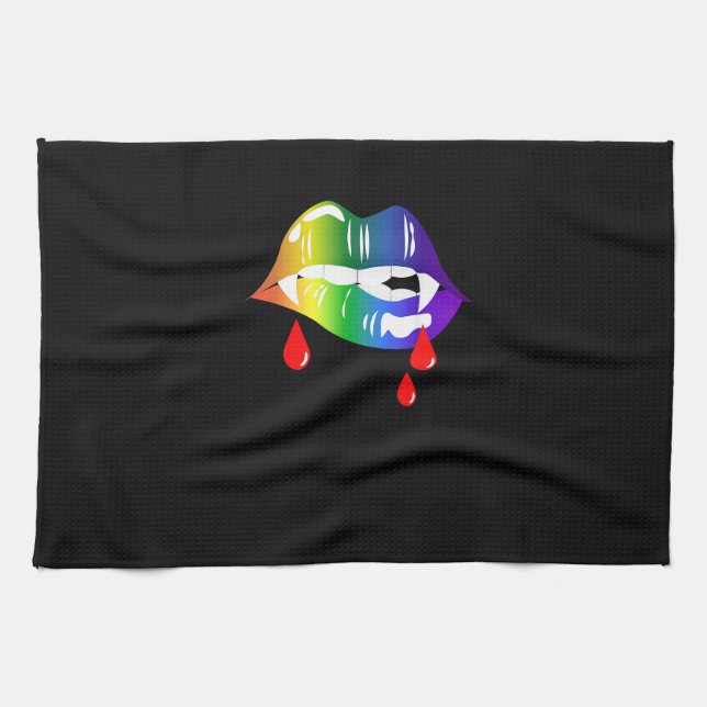Rainbow Vampire Lips Biting - LGBT Pride T-Shirt Tea Towel (Horizontal)