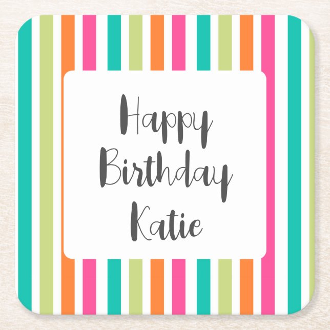 Rainbow vertical stripes colourful retro multicolo square paper coaster (Front)