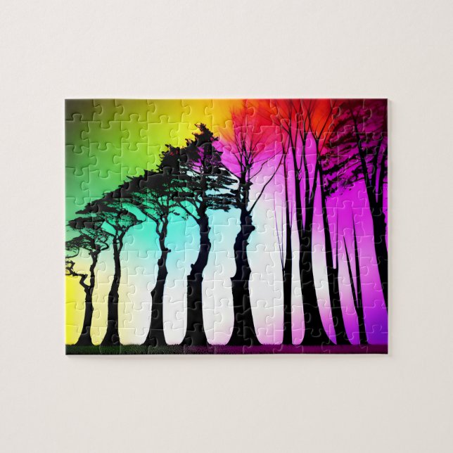 Rainbow Vibrant Sky Over Black Silhouette Trees Jigsaw Puzzle (Horizontal)