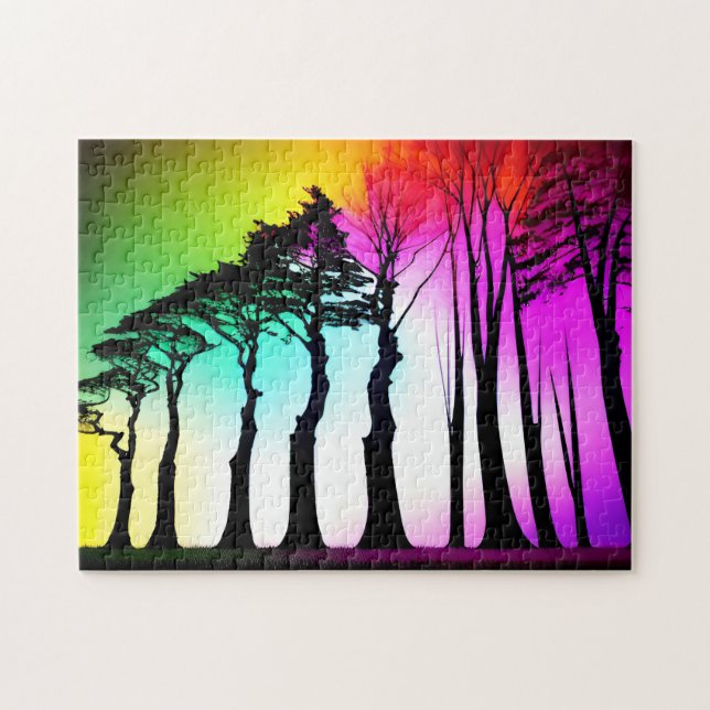 Rainbow Vibrant Sky Over Black Silhouette Trees Jigsaw Puzzle (Horizontal)