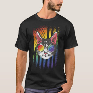 Rainbow Vintage Cat Gay Pride LGBT American Flag T-Shirt