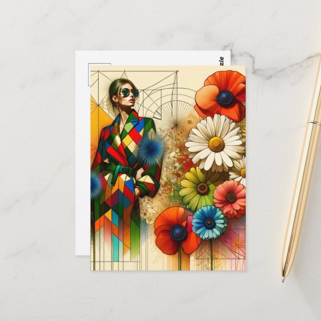 Rainbow Vintage Flowers Fashion Sketch Postcard (Front/Back In Situ)
