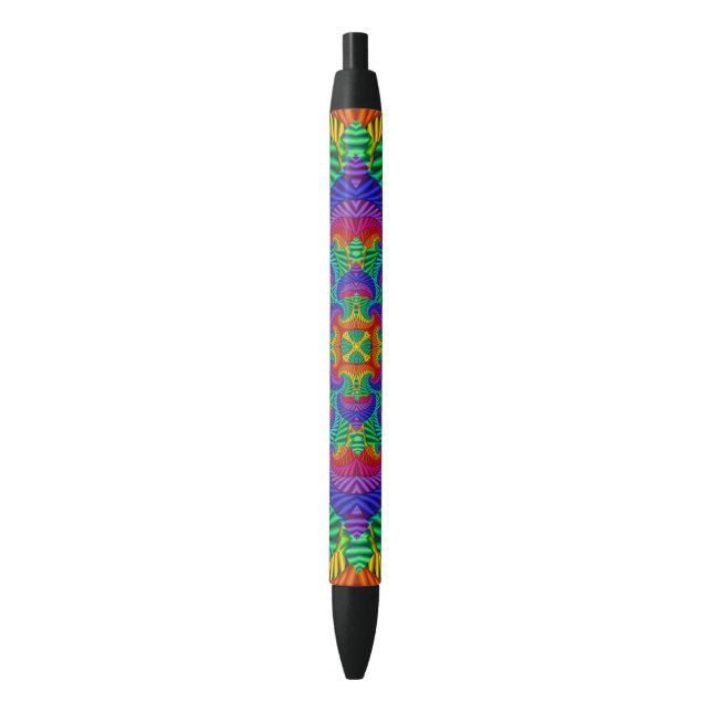 Rainbow Vintage Psychedelic Fractal Kaleidoscope Black Ink Pen (Front Vertical)