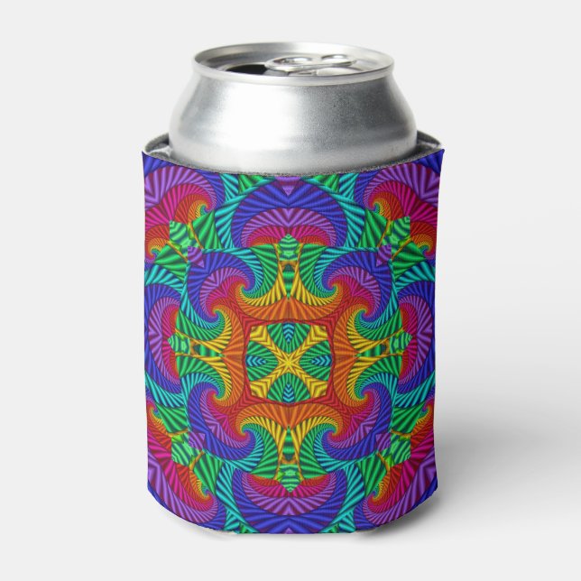 Rainbow Vintage Psychedelic Fractal Kaleidoscope Can Cooler (Can Front)