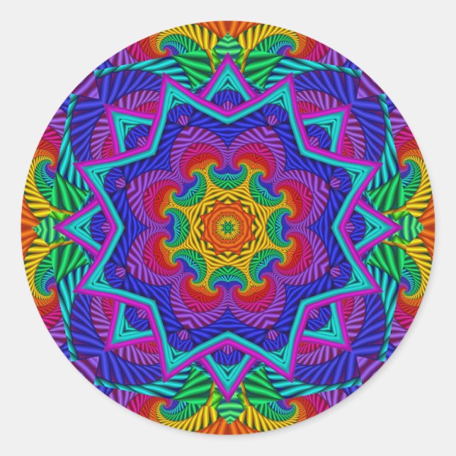 Rainbow Vintage Psychedelic Fractal Kaleidoscope Classic Round Sticker (Front)