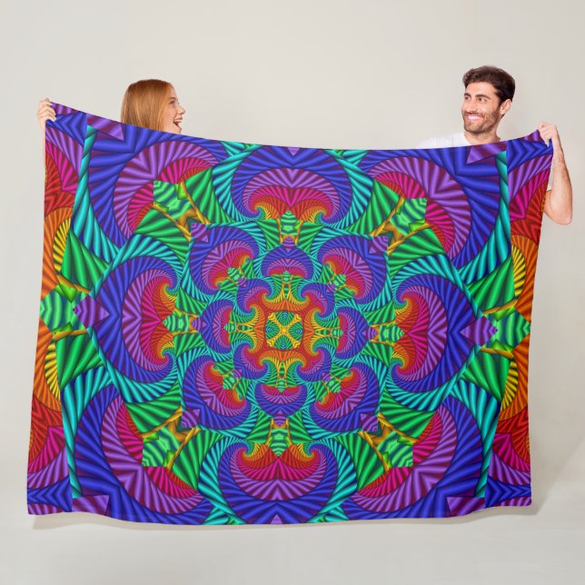 Rainbow Vintage Psychedelic Fractal Kaleidoscope Fleece Blanket (In Situ)