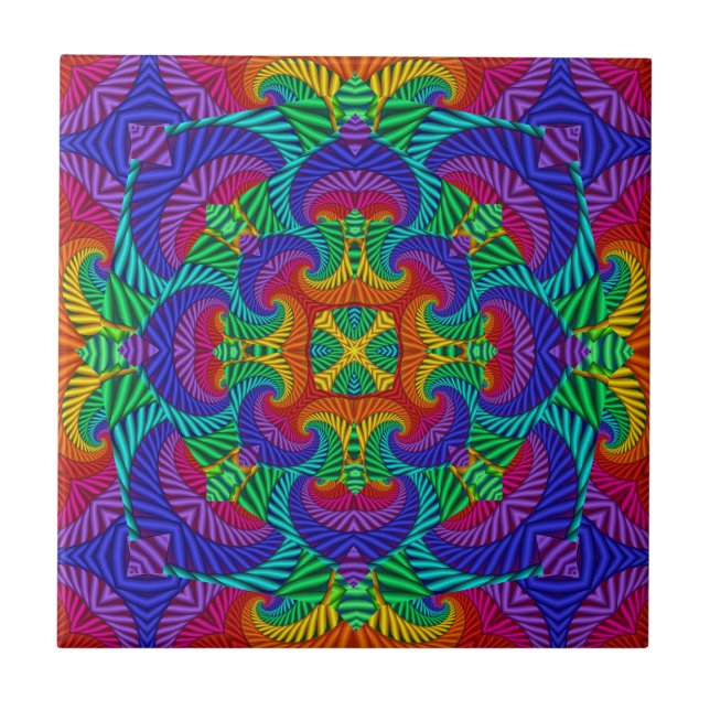 Rainbow Vintage Psychedelic Fractal Kaleidoscope Tile (Front)