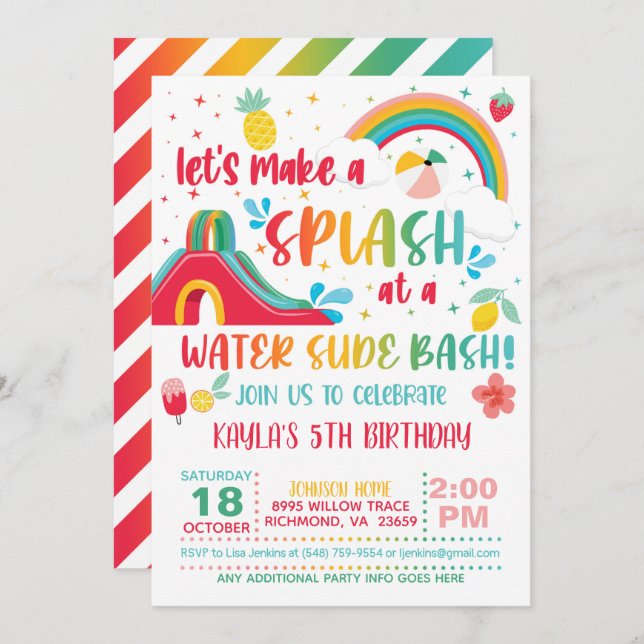 Rainbow Water Slide Birthday Invitation (Front/Back)