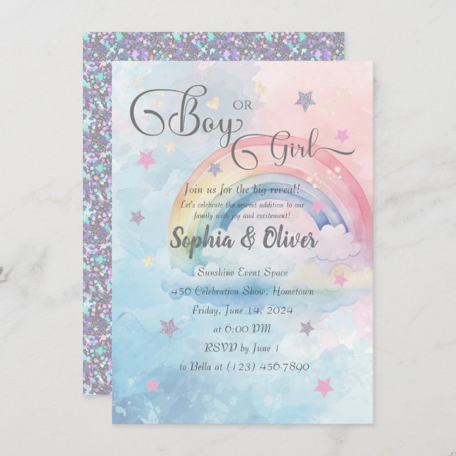 Rainbow Watercolor Abstract Gender Reveal  Invitation (Front/Back)