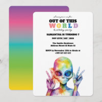 Rainbow Watercolor Alien Birthday Party Invitation