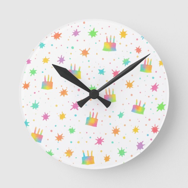 Rainbow Watercolor Birthday Cake Colorful Paint Round Clock (Front)