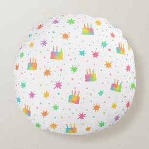 Rainbow Watercolor Birthday Cake Colorful Paint Round Cushion