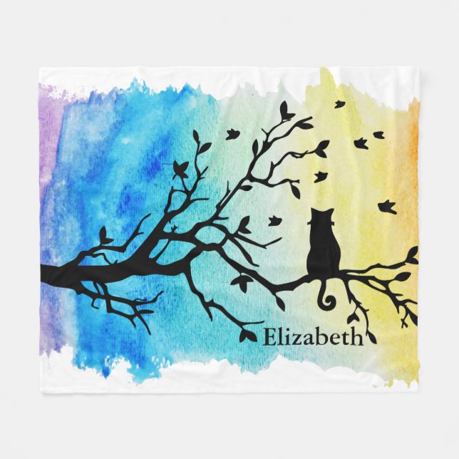Rainbow Watercolor Black Tree Branch with Cat Fleece Blanket (Front (Horizontal))