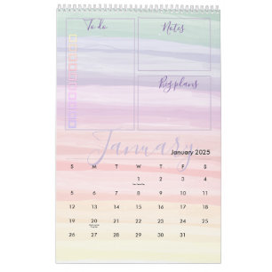 Rainbow Watercolor Brush Strokes Monthly Planner Calendar