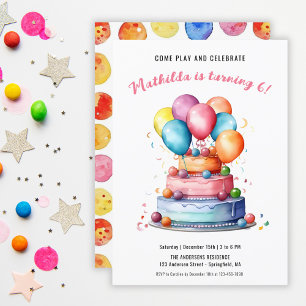Rainbow Watercolor Cake Balloons Birthday Invitation