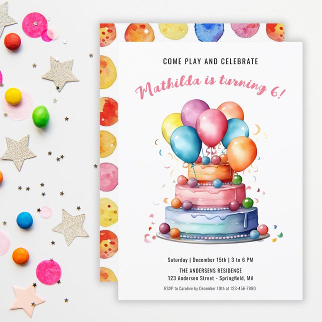 Rainbow Watercolor Cake & Balloons Girls Birthday Invitation (Cake Balloons Rainbow Girls Birthday Party Invitation)