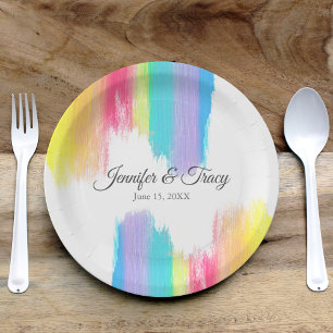 Rainbow Watercolor Colourful Gay Wedding Party Paper Plate