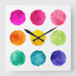 Rainbow watercolor dots square wall clock