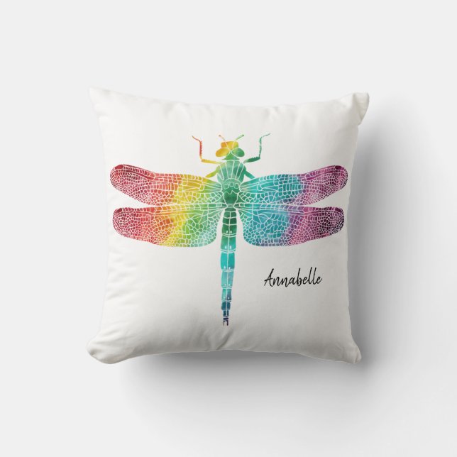 Rainbow Watercolor Dragonfly Personalised Pretty Cushion (Front)