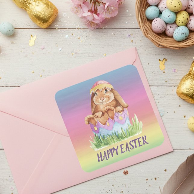 Rainbow Watercolor Easter Bunny Cute Gift  Square Sticker (Creator Uploaded)