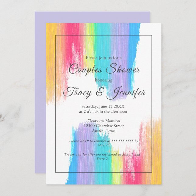 Rainbow Watercolor Elegant LGBT Couples Shower Invitation (Front/Back)