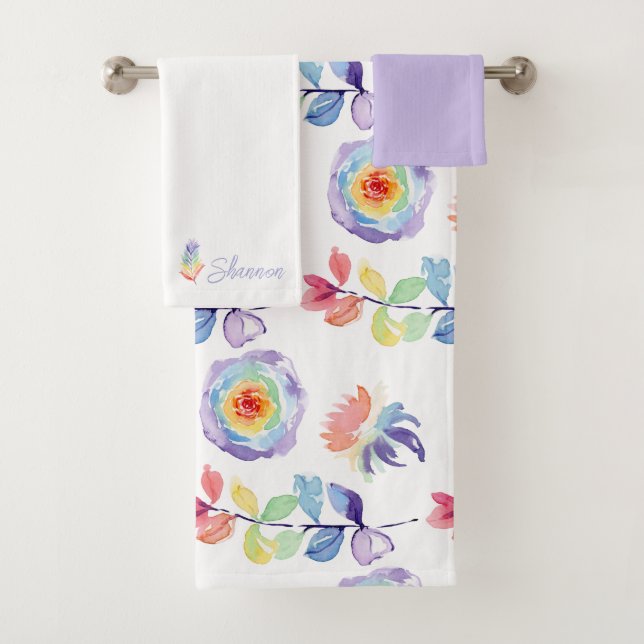 Rainbow Watercolor Floral Monogrammed Towel Set (Insitu)