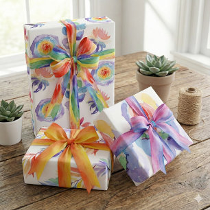 Rainbow Watercolor Floral Wrapping Paper Sheets